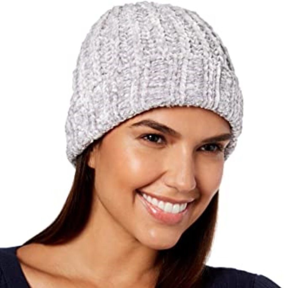 INC Chenille Metallic Shine Beanie Hat Gray Silver